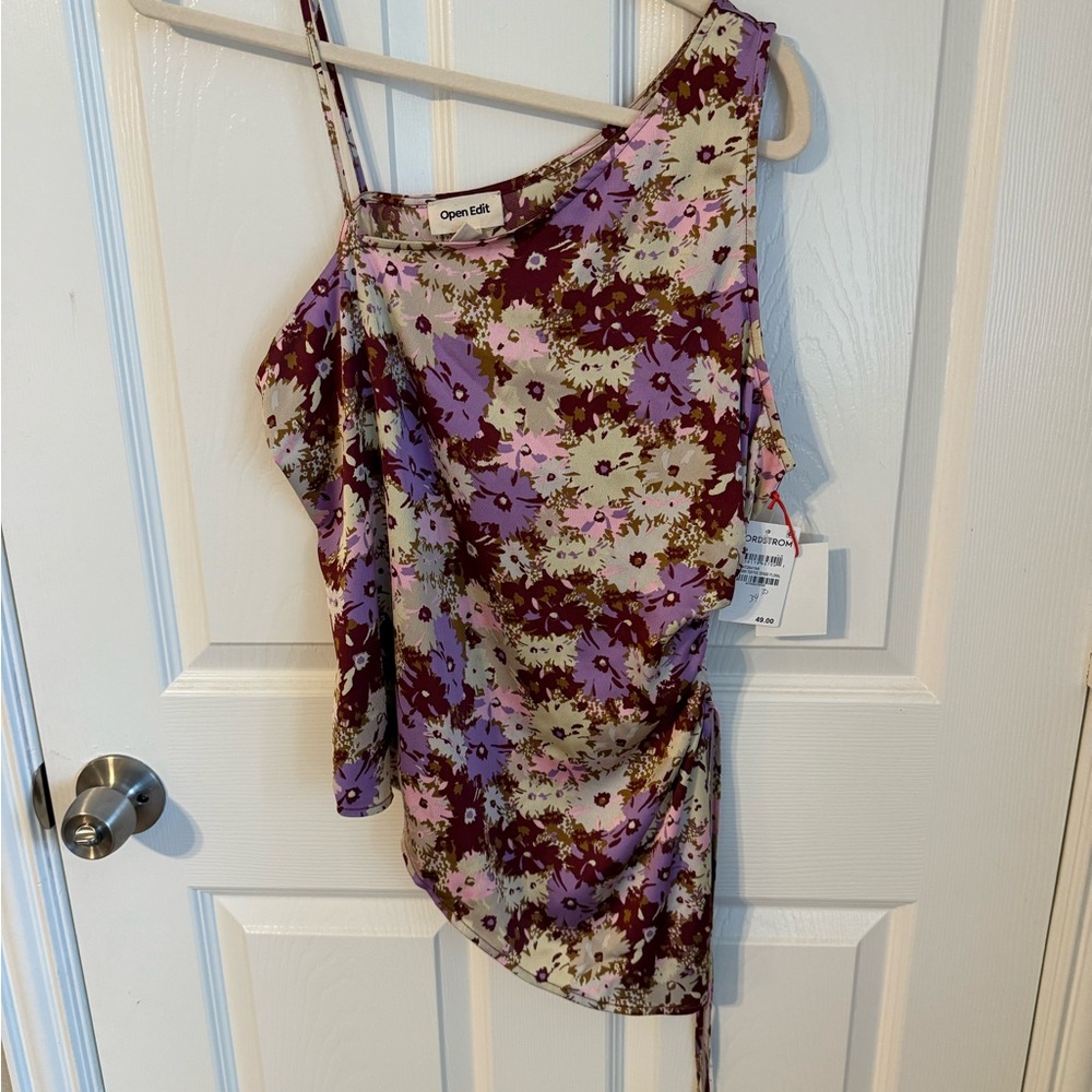 Open Edit Floral Asymmetrical Tank Top - Purple and Cream